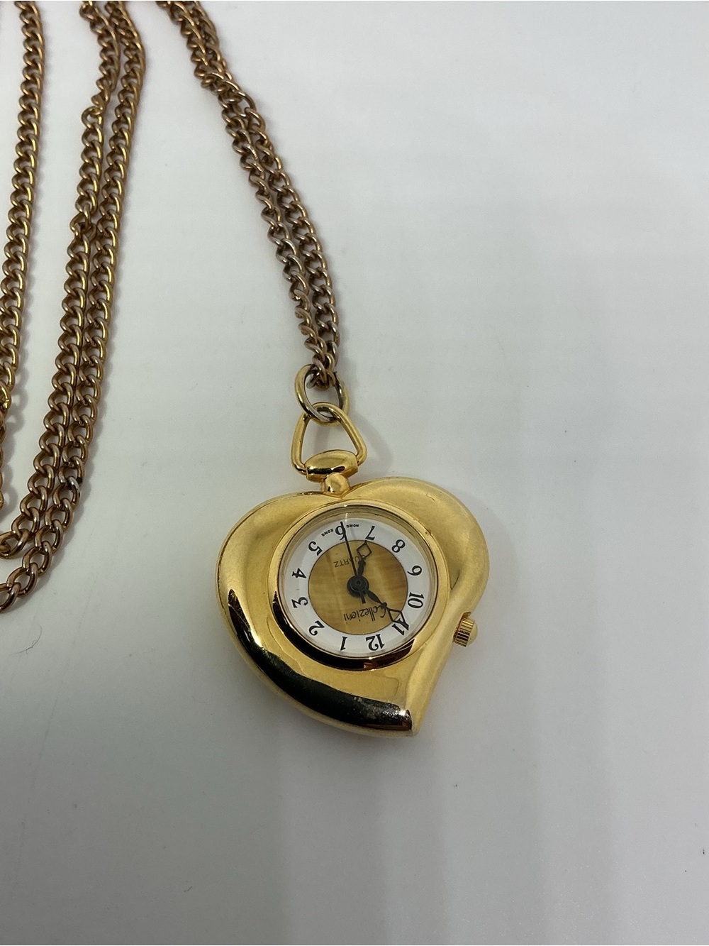 Vintage Heart Shaped Watch Pendant Necklace Gold Tone